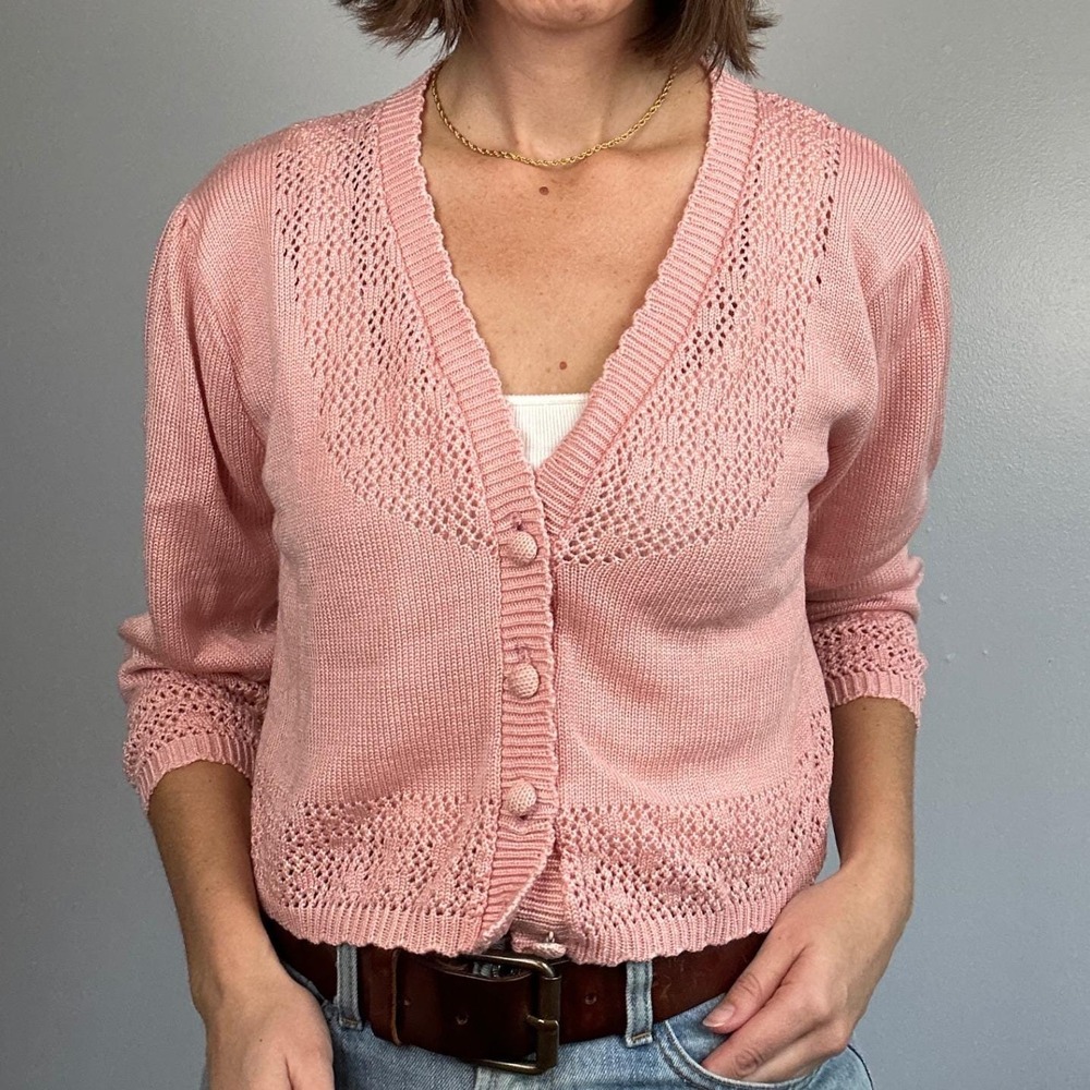 Vintage Pink Knit Cardigan Womens Small Cropped Button Up Sweater 90s